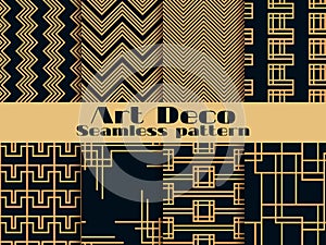Art deco seamless pattern. Set retro backgrounds, gold and black color. Style 1920`s, 1930`s. Lines and geometric shapes. Vector