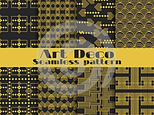 Art deco seamless pattern. Set retro backgrounds, gold and black color. Style 1920`s, 1930`s. Vector