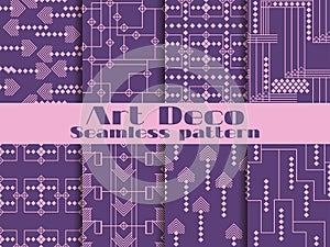 Art deco seamless patterns. Purple color. Set retro backgrounds. Style 1920`s, 1930`s. Vector