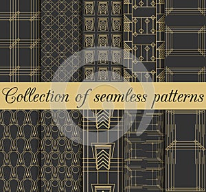 Art deco seamless patterns. Set of ten geometric backgrounds. Style 1920's, 1930's.