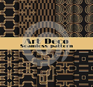 Art deco seamless patterns. Set of ten geometric backgrounds. Style 1920`s, 1930`s. Vector