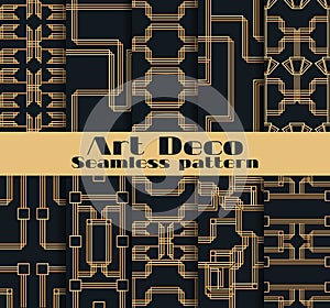 Art deco seamless patterns. Set of ten geometric backgrounds. Style 1920`s, 1930`s. Vector