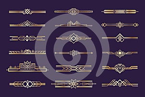 Art deco set. Vintage 1920s golden ornament, nouveau style headers and dividers, retro border element. Vector golden art