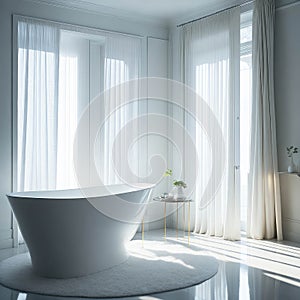 Art Deco Style Bathroom Bright Clean Colors Interior, Ceramic Bathtub, Sink And Big Window with Curtains, Lots of Sun Light