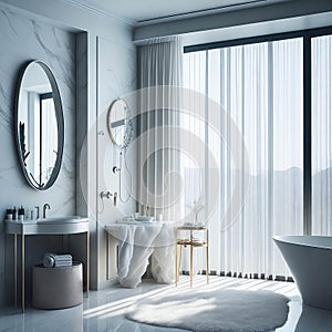 Art Deco Style Bathroom Bright Clean Colors Interior, Ceramic Bathtub, Sink And Big Window with Curtains, Lots of Sun Light