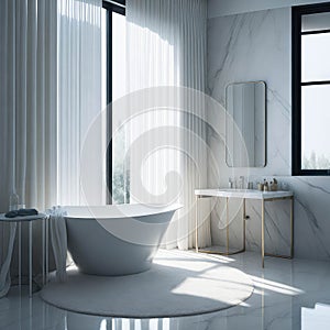 Art Deco Style Bathroom Bright Clean Colors Interior, Ceramic Bathtub, Sink And Big Window with Curtains, Lots of Sun Light