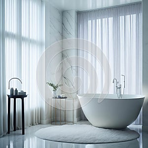 Art Deco Style Bathroom Bright Clean Colors Interrior, Ceramic Bathtub, Sink And Big Window with Curtains, Lots of Sun Light
