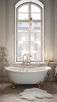 An art deco style bathroom with a white bathtub, golden fixtures, and a large window.