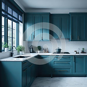 Art deco Style Interior Kitchen room, Classic Sage Blue Colors, Large Windows Sunlight, Dinnig Island Onix Top, Hanging Lights