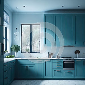 Art deco Style Interior Kitchen room, Classic Sage Blue Colors, Large Windows Sunlight, Dinnig Island Onix Top, Hanging Lights