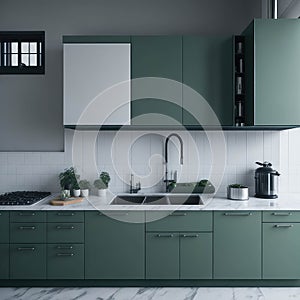 Art deco Style Interior Kitchen room, Classic Sage Green Colors, Large Windows Sunlight, Dinnig Island Onix Top, Hanging Lights