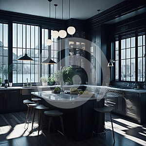 Art deco Style Interior Kitchen room, Classic Stylish Colors, Large Windows Sunlight, Dinnig Island Onix Top, Hanging Lights