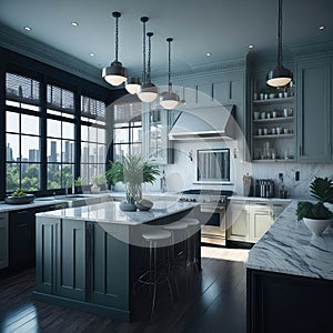 Art deco Style Interior Kitchen room, Classic Stylish Colors, Large Windows Sunlight, Dinnig Island Onix Top, Hanging Lights