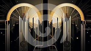 an art deco style poster of two doors