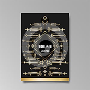 Art Deco template golden-black, A4 page, menu, card, invitation, Sun and city lights in a Art Deco Art Nuevo style