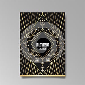 Art Deco template golden-black, A4 page, menu, card, invitation, Sun and city lights in a Art Deco Art Nuevo style