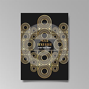 Art Deco template golden-black, A4 page, menu, card, invitation, Sun and city lights in a Art Deco Art Nuevo style