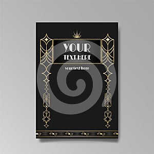 Art Deco template golden-black, A4 page, menu, card, invitation, Sun and city lights in a Art Deco Art Nuevo style