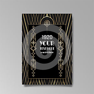 Art Deco template golden-black, A4 page, menu, card, invitation, Sun and city lights in a Art Deco Art Nuevo style