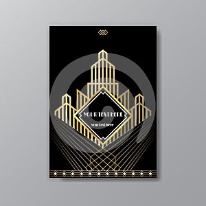 Art Deco template golden-black, A4 page, menu, card, invitation, Sun and city lights in a Art Deco/Art Nuvo style, beautiful