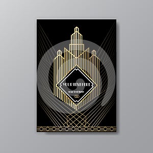 Art Deco template golden-black, A4 page, menu, card, invitation, Sun and city lights in a Art Deco/Art Nuvo style, beautiful