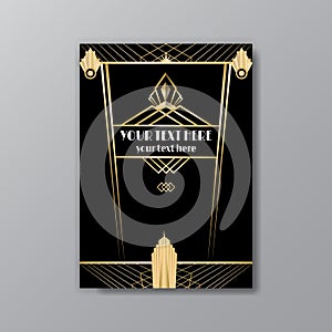 Art Deco template golden-black, A4 page, menu, card, invitation, Sun and city lights in a Art Deco/Art Nuvo style, beautiful