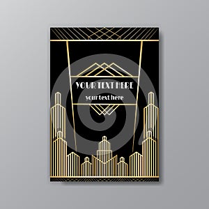 Art Deco template golden-black, A4 page, menu, card, invitation, Sun and city lights in a Art Deco/Art Nuvo style, beautiful