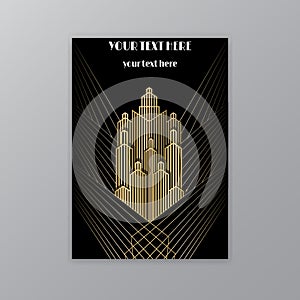 Art Deco template golden-black, A4 page, menu, card, invitation, Sun and city lights in a Art Deco/Art Nuvo style, beautiful