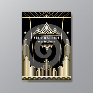 Art Deco template golden-black, A4 page, menu, card, invitation, Sun and city lights in a Art Deco/Art Nuvo style, beautiful