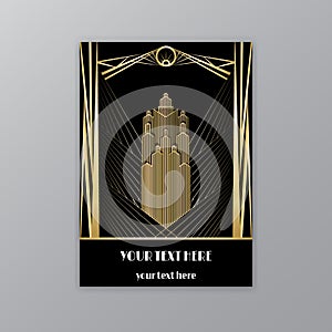 Art Deco template golden-black, A4 page, menu, card, invitation, Sun and city lights in a Art Deco/Art Nuvo style, beautiful