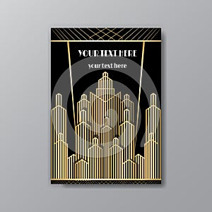 Art Deco template golden-black, A4 page, menu, card, invitation, Sun and city lights in a Art Deco/Art Nuvo style, beautiful