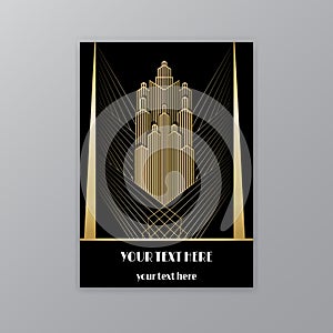 Art Deco template golden-black, A4 page, menu, card, invitation, Sun and city lights in a Art Deco/Art Nuvo style, beautiful