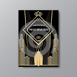 Art Deco template golden-black, A4 page, menu, card, invitation, Sun and city lights in a Art Deco/Art Nuvo style, beautiful