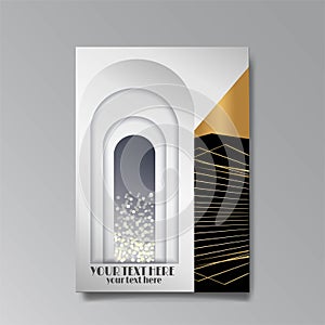 Art Deco template golden black, A4 page, menu, card, modern invitation, Moon stars and city lights in a Art Deco