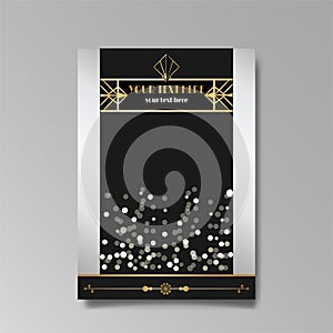 Art Deco template golden-black white, A4 page, menu, card, invitation, Sun and city lights in a Art DecoArt Nuevo style photo