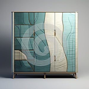Art Deco Turquoise And Beige Armoire With Organic Textile Elements