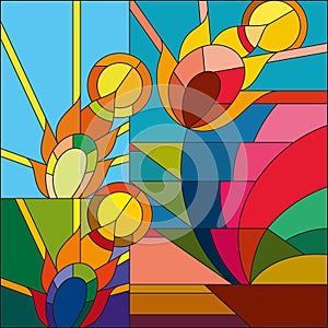 Art deco vector colored geometric flower feather in the sunshine pattern. Art deco stained glass pattern.