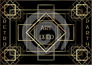 Art Deco vintage invitation template design with illustration of gold geometric motif. patterns and frames. Retro party background