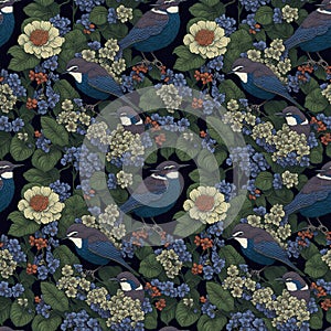 Art deco vintage seamless pattern,birds and flowers ornaments