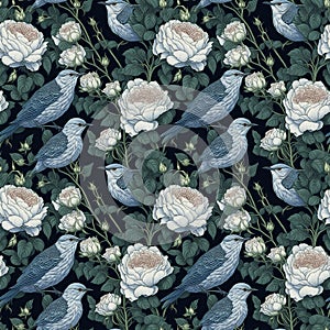 Art deco vintage seamless pattern,birds and flowers ornaments