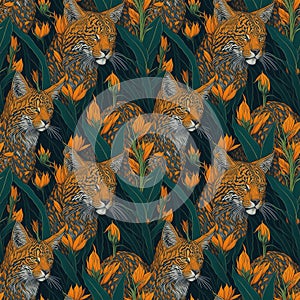 Art deco vintage seamless pattern, bobcats and leaves ornaments