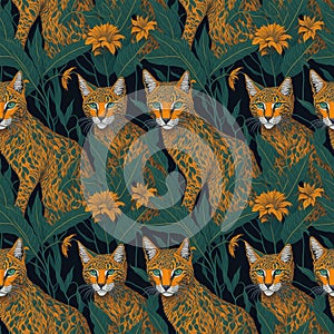 Art deco vintage seamless pattern, bobcats and leaves ornaments