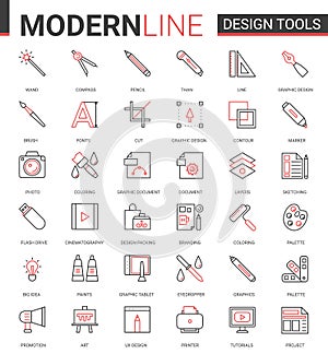 Art design tool flat thin red black line icons vector illustration set, outline professional creative artistic studio