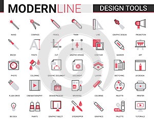 Art design tool flat thin red black line icons vector illustration set, outline professional creative artistic studio