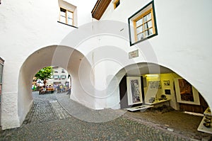 Art display in main square of Castelrotto, Italy