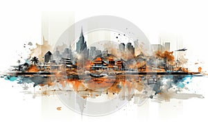 Art drawing Illustration of a city with small houses against the background of a metropolis with skyscrapers