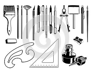 Art and Drawing Supplies Black and White Vector Graphic Illustration Set