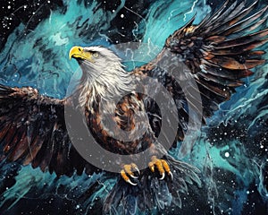 art eagle in space . dreamlike background with eagle . Hand Drawn Style illustration