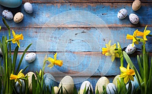 Art easter Background with easter eggs and spring flowers