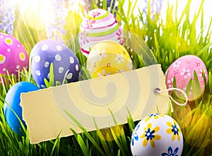 Art Easter Background with easter eggs and spring flowers